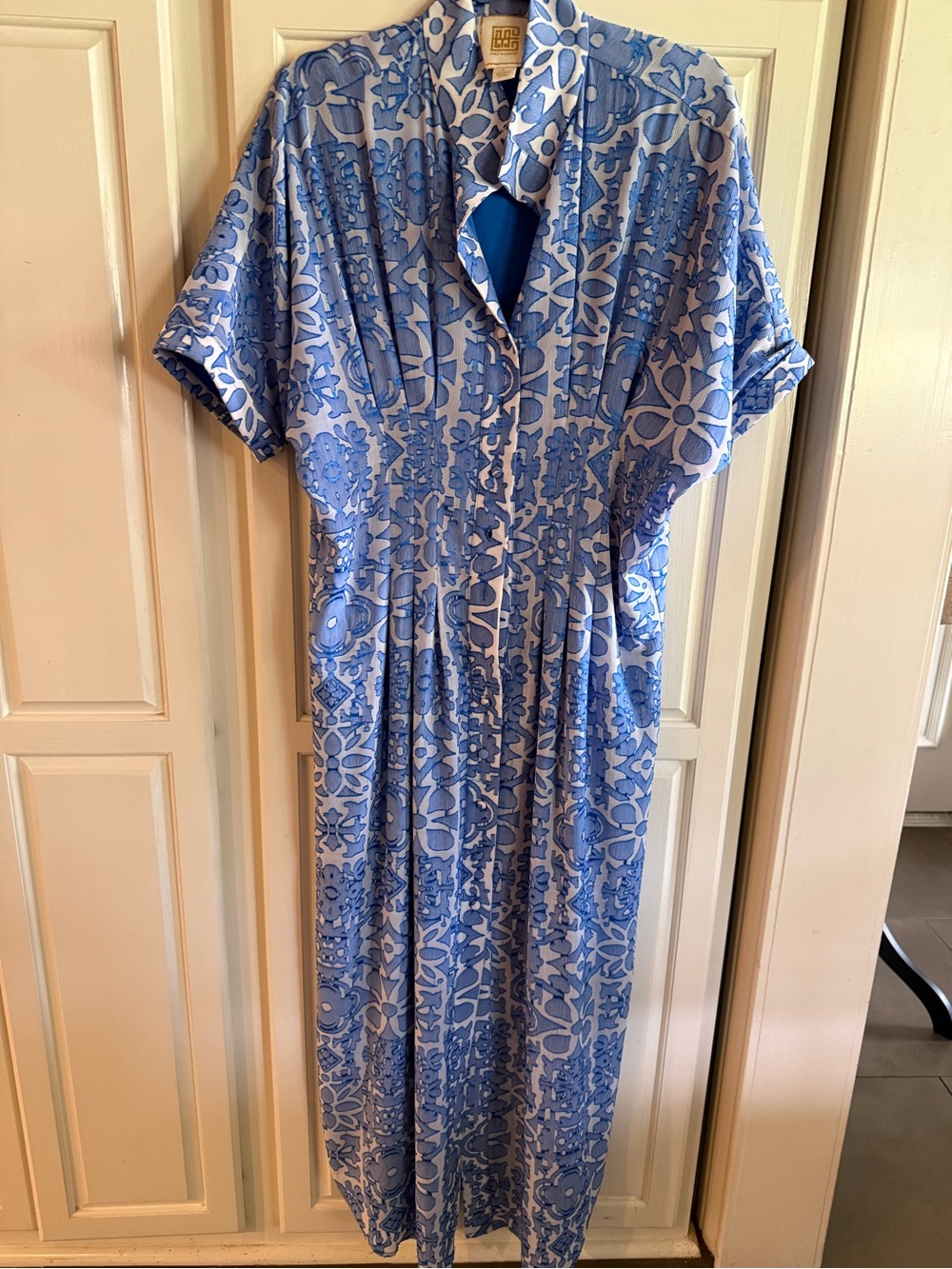 Light Blue Patterned Maxi Dress with Shirred Waist